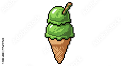 Pixel Art Green Tea Ice Cream Cone.