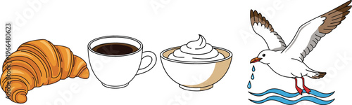 Breakfast and nature vector illustration set with croissant pastry, coffee cup, whipped cream dessert bowl, and flying seagull over water