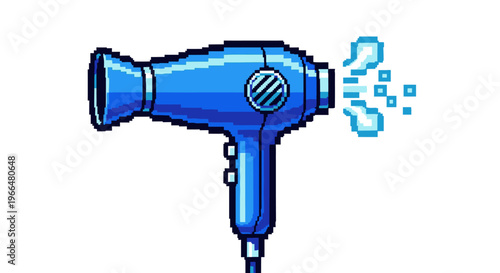 Pixel Art Blue Hair Dryer Emitting Water Droplets.