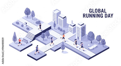 Isometric illustration of people running and walking on city streets with buildings and trees on Global Running Day