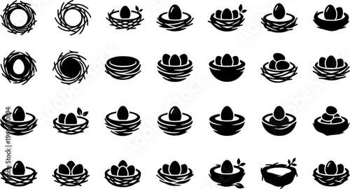 Minimal continuous spring nest art. Filled icon set of Minimal continuous spring nest art: one line nest with
