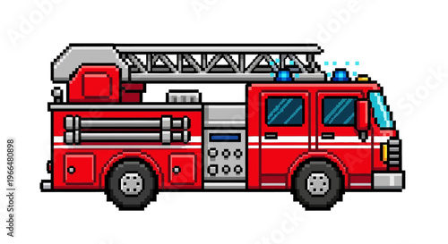 Pixel Art Fire Truck Vehicle Illustration.