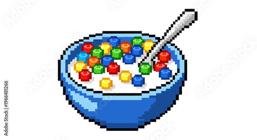 Pixel Art Bowl of Colorful Cereal with Spoon.