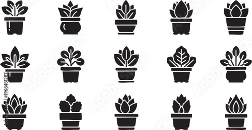 Minimalist Potted Plant Silhouette Icon Set with Modern Indoor Greenery and Houseplants