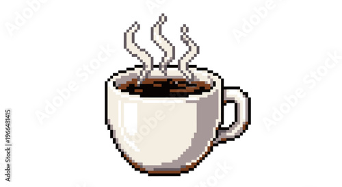 Pixel Art Coffee Cup with Steaming Hot Beverage.