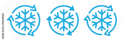 Defrost line icon set, label, logo, badge, sign, symbol, sticker, isolated vector illustration. Frozen food label product. Freezer control, auto cooling, conditioning, snowflake, rotation arrow icons.