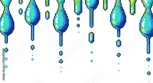 Pixel Art Dripping Blue Green Liquid Drops.