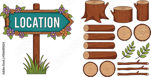 Wooden location signboard with flowers and grass, tree stumps, logs, branches and leaves vector illustration set isolated design elements