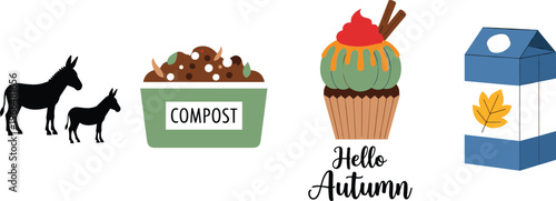 Autumn themed vector icon set with hello autumn cupcake dessert, compost bin, donkey silhouettes, and milk carton with leaf symbol