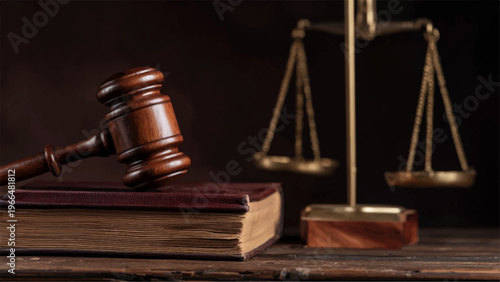 Law, justice, gavel and scales, courtroom, wooden desk, legal book