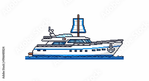 Pixel Art Luxury Yacht Sailing on Blue Water.
