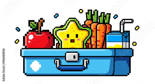 Pixel Art Lunchbox Filled With Healthy Food Items.