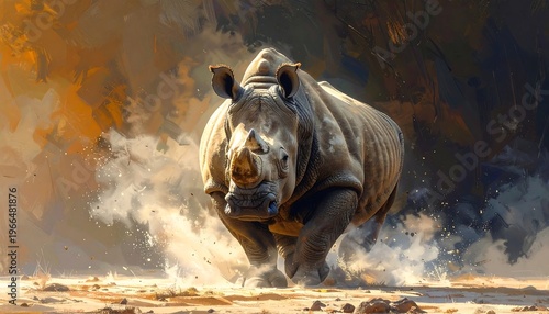 A large rhinoceros charges forward on a dusty terrain