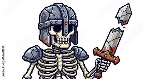 Skeleton Warrior Holding Broken Sword Pixel Art.
