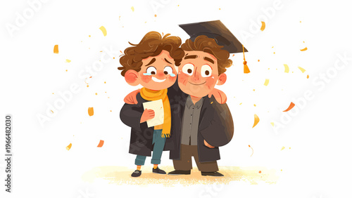 A joyful father and son celebrate graduation together outdoors happily