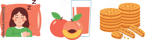 Vector illustration set with sleeping woman dreaming icon, peach fruit with juice glass, and stacked cookies biscuit dessert collection