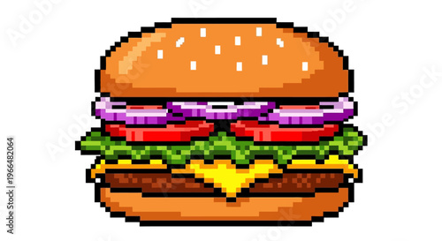 Pixel Art Hamburger Delicious Fast Food Meal.