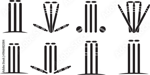 Cricket Stumps and Bails in Various Positions Illustration Set