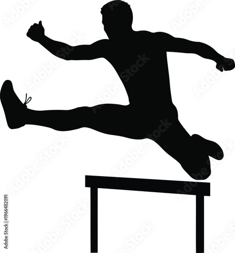Black Silhouette of Male Athlete Jumping Over Hurdle Track and Field Sport Competition Vector Graphic