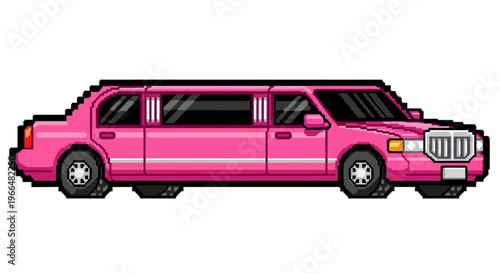 Pixel Art Pink Limousine Vehicle Illustration.