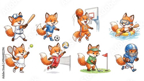  Set of funny cartoon cute  Fox animals in playful sports vector style featuring smiling characters for kids toy illustration collection