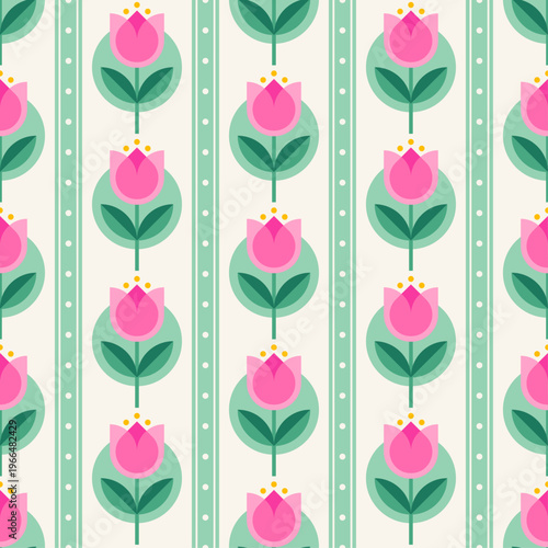 Pastel folk tulip seamless striped pattern design for spring season background.
