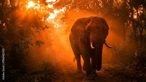 A majestic adult African elephant, displaying its immense power and ancient wisdom, features large, impressive tusks and textured skin, confidently walking forward with a commanding, serene presence,
