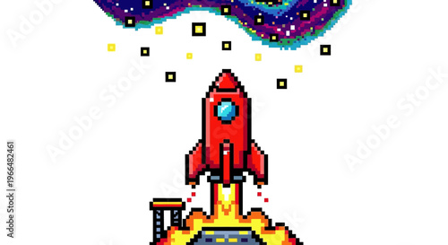 Pixel Art Rocket Launching into Space.