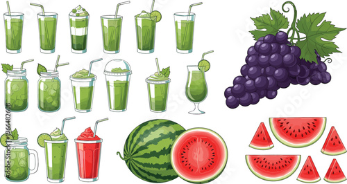 Fresh fruit and beverage vector illustration set with green smoothies, grape bunch, watermelon whole and slices, and refreshing summer drinks