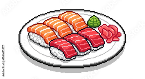 Pixel Art Sushi Platter with Salmon and Tuna.