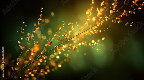 Golden glowing leaves branch nature background closeup