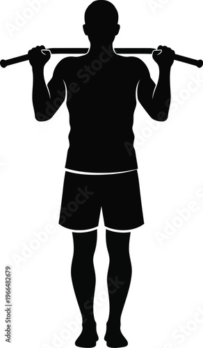 Man Performing Behind Neck Barbell Shoulder Press Exercise Silhouette Isolated on White Background Vector Illustration