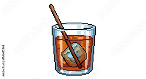 Pixel Art Whiskey Glass with Ice and Stirrer.
