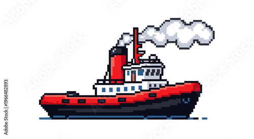 Pixel Art Tugboat Emitting Steam from its Funnel.