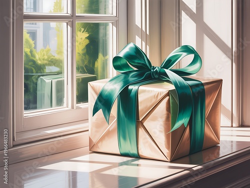 A beautifully wrapped gift box with a large emerald green satin bow sits on a windowsill bathed in warm sunlight