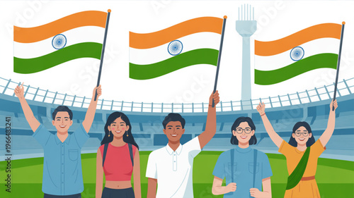 Diverse group of people waving indian flags in a stadium celebrating independence day or republic day with patriotism and joy multicultural crowd