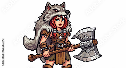 Pixel Art Viking Warrior Woman with Axe and Wolf Fur.