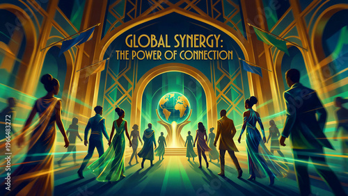 Diverse group of leaders moves forward toward a glowing globe emphasizing global synergy and the profound power of universal human connection