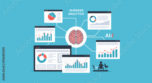 AI and Business Analytics Concept with Brain Icon, Data Visualizations, Charts, and Graphs on Screens Illustrating Technology and Intelligence