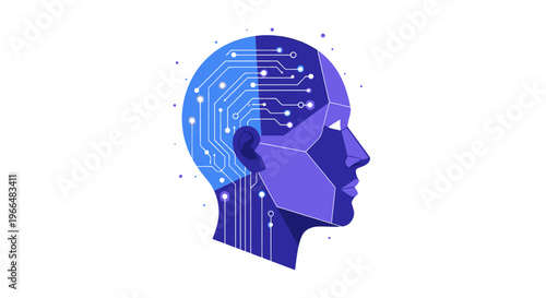 Human head profile with integrated circuit patterns, representing artificial intelligence, machine learning, digital brain, and future technology concepts.