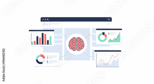 AI brain analyzing business data on a digital interface with charts and graphs. Machine learning for big data insights and smart analytics concept.