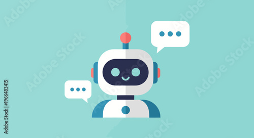 Cute AI Chatbot Robot with Speech Bubbles on Teal Background. Artificial Intelligence, Machine Learning, Digital Communication, and Customer Service Concept Illustration.