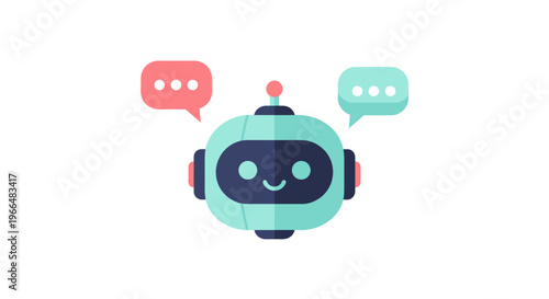 Friendly AI Chatbot Robot Head Illustration with Speech Bubbles Representing Digital Communication, Customer Service, and Artificial Intelligence Technology