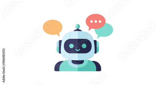 Friendly AI chatbot robot head with speech bubbles for communication, customer service, and artificial intelligence support concept.