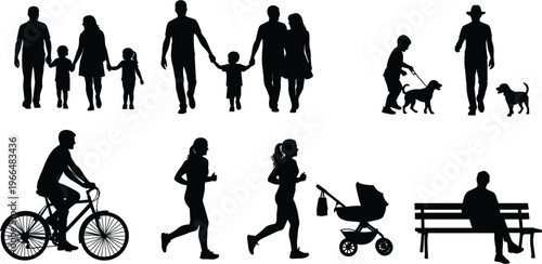 People lifestyle silhouettes including families walking jogging cycling and pet care scenes isolated on white background perfect for social concepts design and illustration use