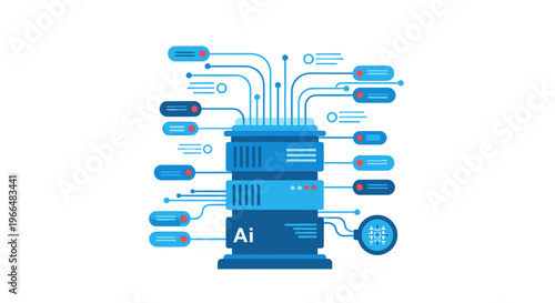AI server processing big data with interconnected nodes, symbolizing advanced artificial intelligence technology, smart computing, and digital information flow.