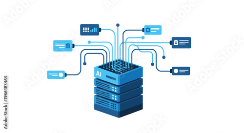 AI data server with connections to multiple devices, representing cloud computing and big data processing.