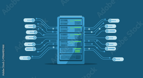 Abstract digital illustration of a server rack with data streams connecting to multiple nodes, representing data processing and connectivity.