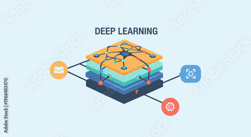 Deep Learning Neural Network Layers with Data Input and Output Icons, AI and Machine Learning Concept