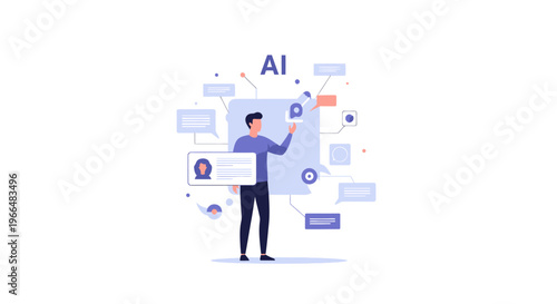 Artificial Intelligence concept illustration with person interacting with AI interface and data, modern technology and digital communication